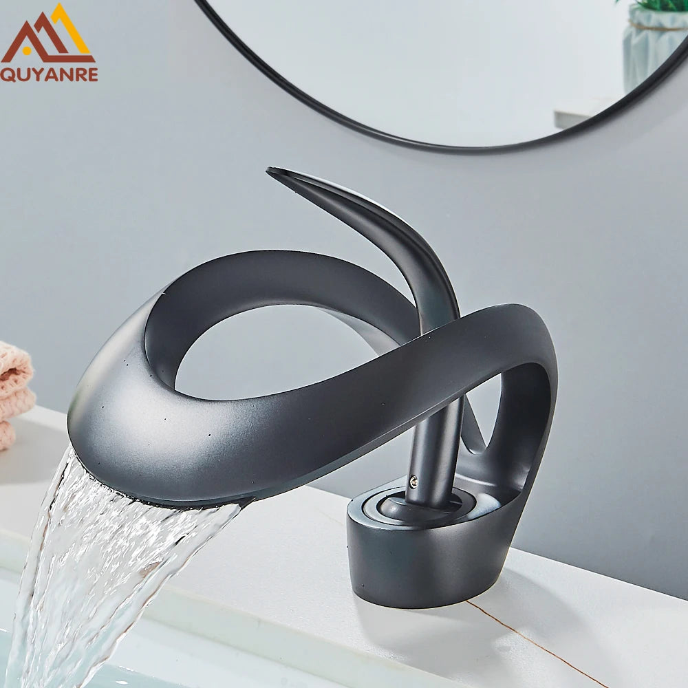 Solid Brass Waterfall Basin Faucet Single Handle Hot Cold Water