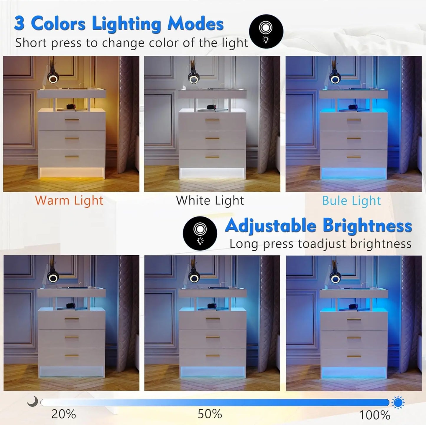 Nightstand with Wireless Charging Station, Auto Sensor
3 Color Dimmable Night Stand, Modern Bedside Table with 3 Drawers & 3 Ope