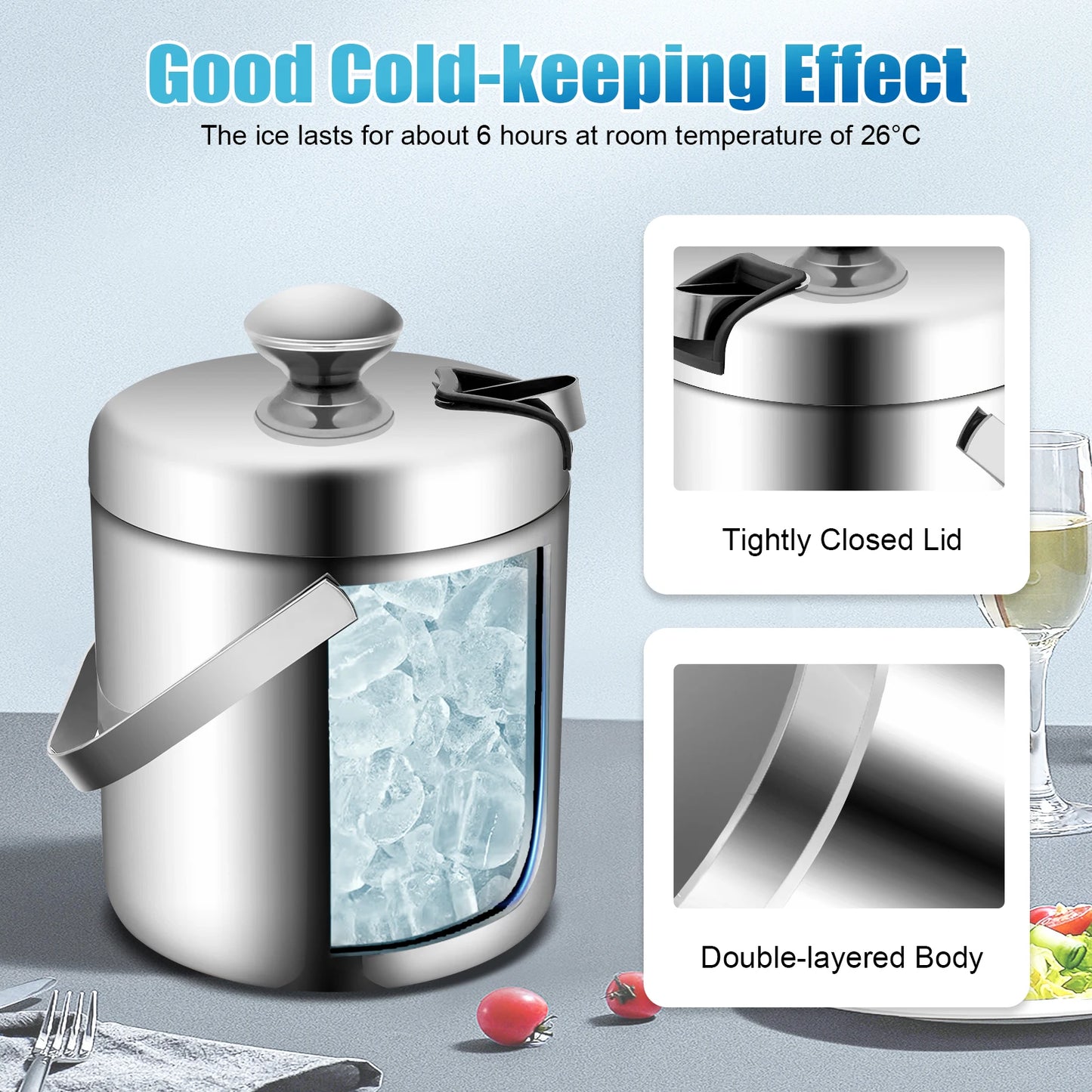 1.3L Ice Bucket Kit Stainless Steel Insulated Double-layer with Tongs