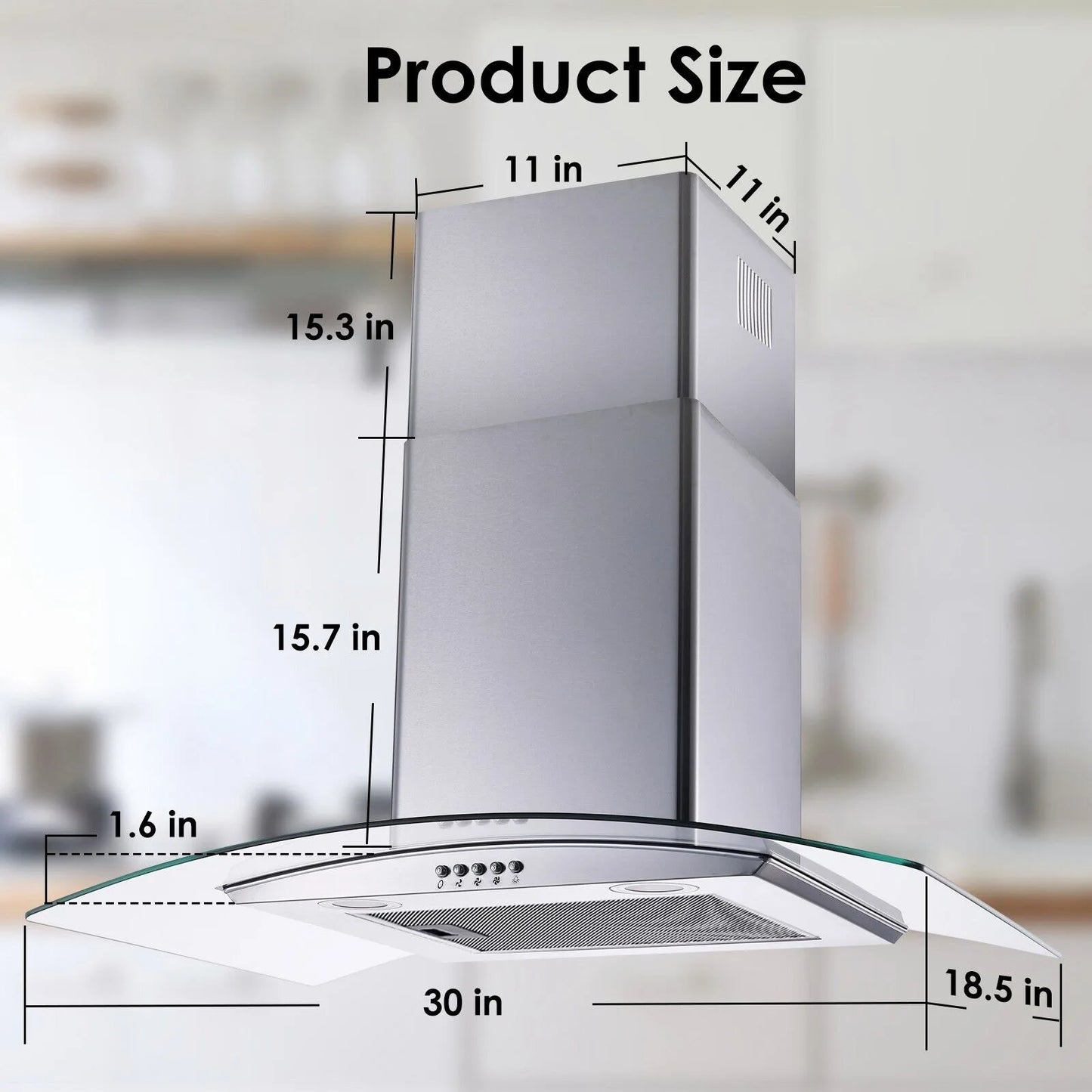 30 inch Kitchen Wall Mount Tempered Glass Vented 3-Speed Fan Range Hood