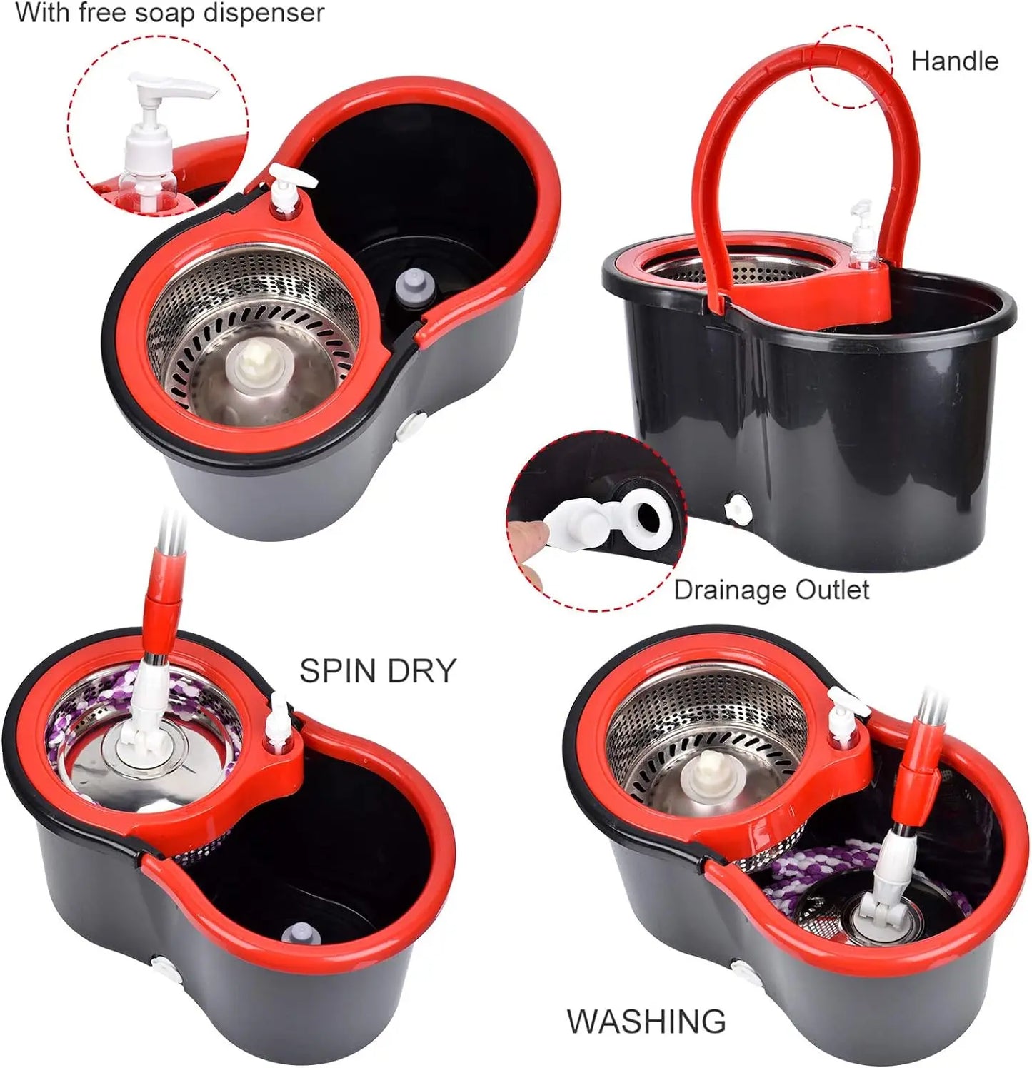 360° Spin Mop Bucket Sets with Wring System
3 Microfiber Heads, Stainless Steel Basket 61" Extended Handle Floor Cleaning