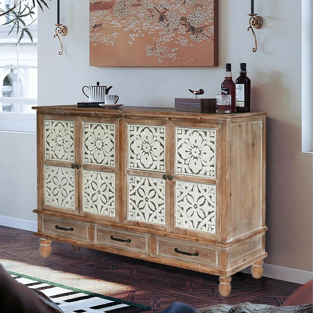 Accent Cabinet with 4 Doors & 3 Drawers,
Hollow Carved Storage Sideboard, Wood Buffet Cabinet for Living Room, Dining Room