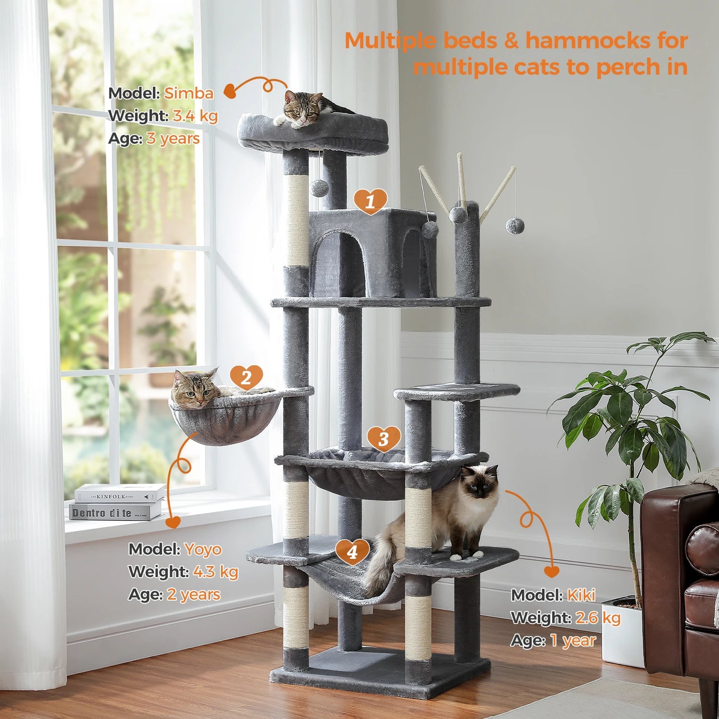 Large Multi-Level Cat Tree Tower with Scratching Posts,
cozy Hammock, Condo House, Tall Cat Scratcher for Indoor, Pet Toys