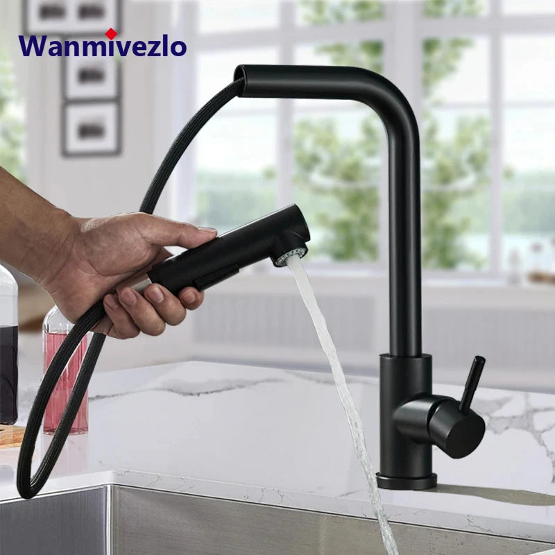 Black 360° Rotation Stream Sprayer Nozzle Stainless Steel Hot Cold Taps Kitchen Faucet Deck Mounted Mixer Tap