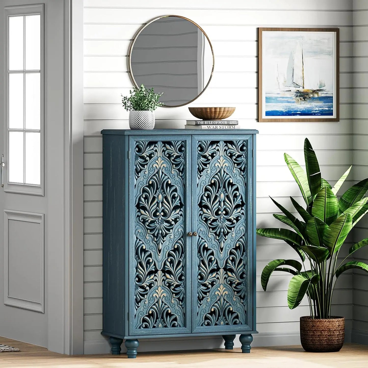 Accent Cabinet with 2 Doors,47" Tall Narrow Cabinet with Solid Wood Legs
,Decorative Cabinet with Shelves for Living Room