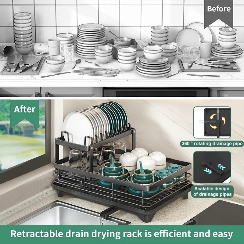 Dish Drying Rack for Kitchen Counter
Large Dish Rack with Drainboard, Adjustable Swivel Spout Rustproof Dish Drainer, Black