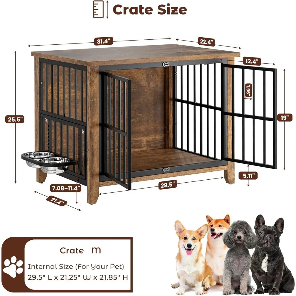 Dog Crate Furniture, Wooden Dog Kennel Indoor with Adjustable 360°
& Height Bowls, Double Doors Furniture Dog Crates End Table
