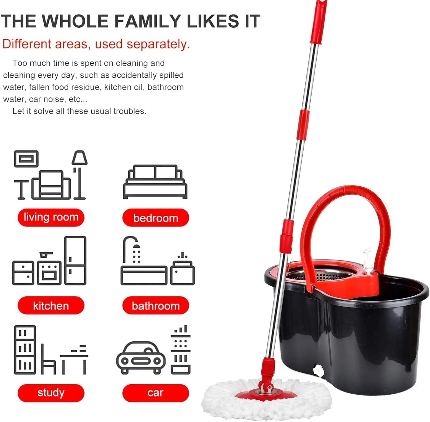 360° Spin Mop Bucket Sets with Wring System
3 Microfiber Heads, Stainless Steel Basket 61" Extended Handle Floor Cleaning
