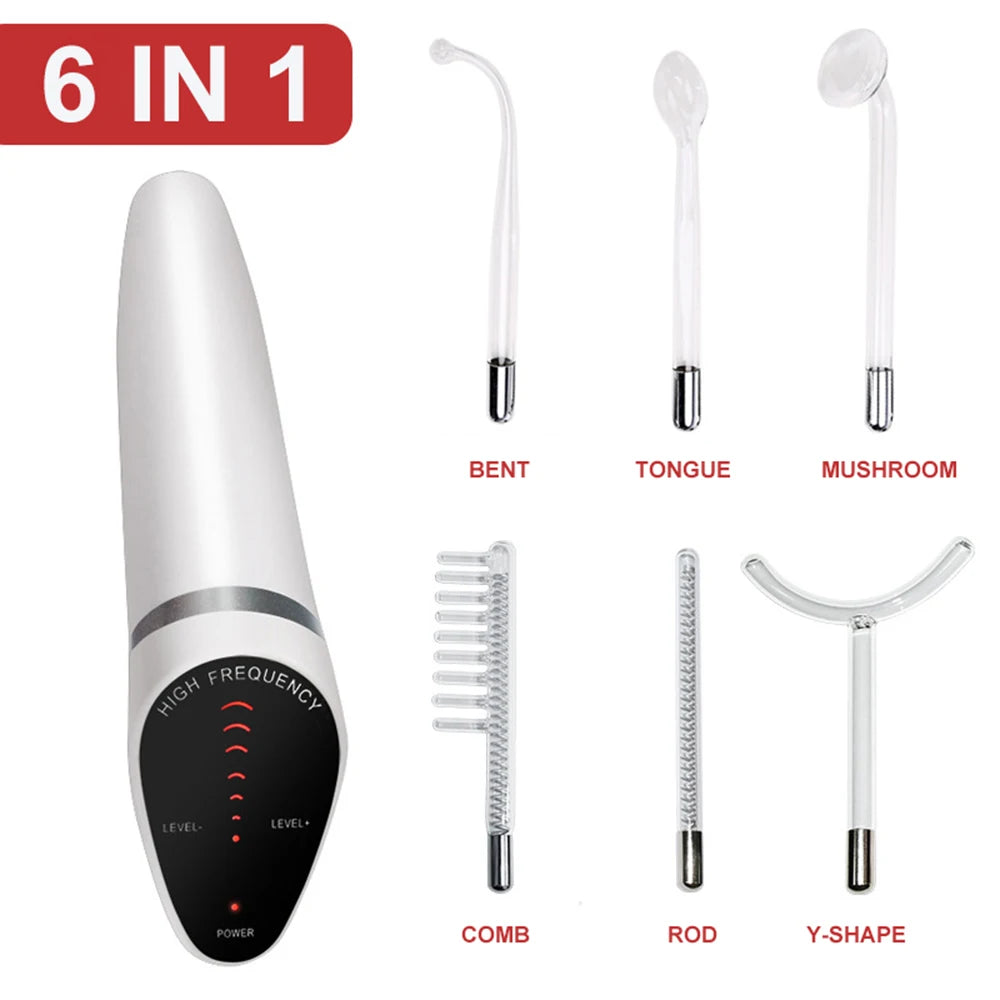 6 IN 1 High Frequency Electrode Wand w/Neon Electrotherapy
Glass Tube Spot Acne Remover Skin Care Face Hair Salon Beauty Device