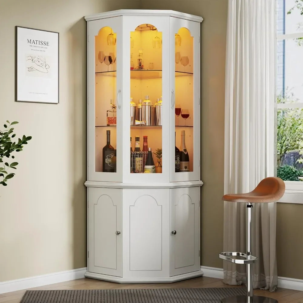 Corner Bar Cabinet w/LED Lights, Tall Modern Wine Cabinet with Tempered Glass Door
& Adjustable Shelves, Home Bar Liquor Storage
