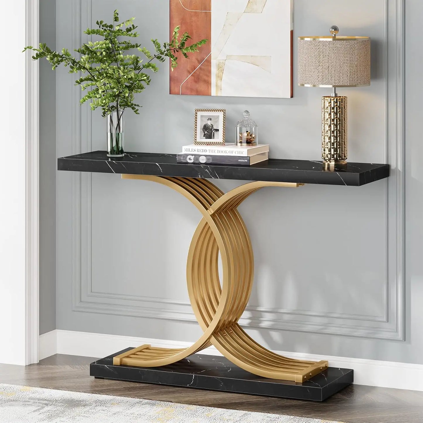 Industrial Entryway Table, 39-Inch Vintage Console Table
Accent Table with Geometric Metal Legs, Wood Sofa Table, Living Room