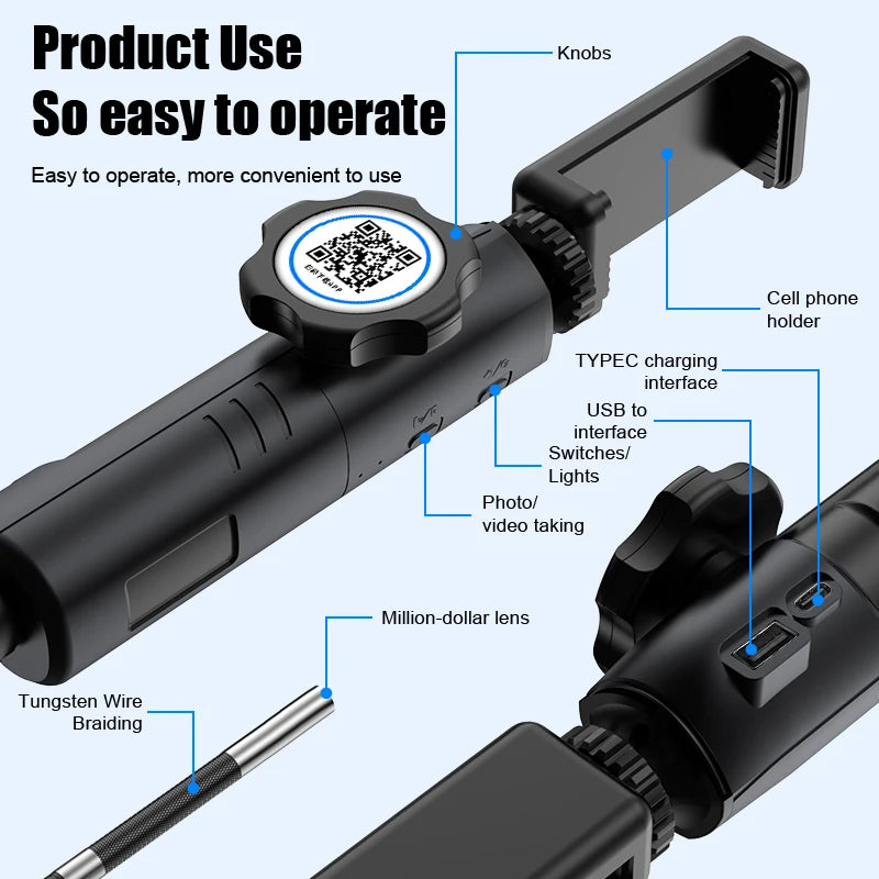 3.9MM / 6MM Turning rotary Endoscope for Cars 180° Steering Industrial Borescope
Endoscopic Inspection Camera iPhone Android PC