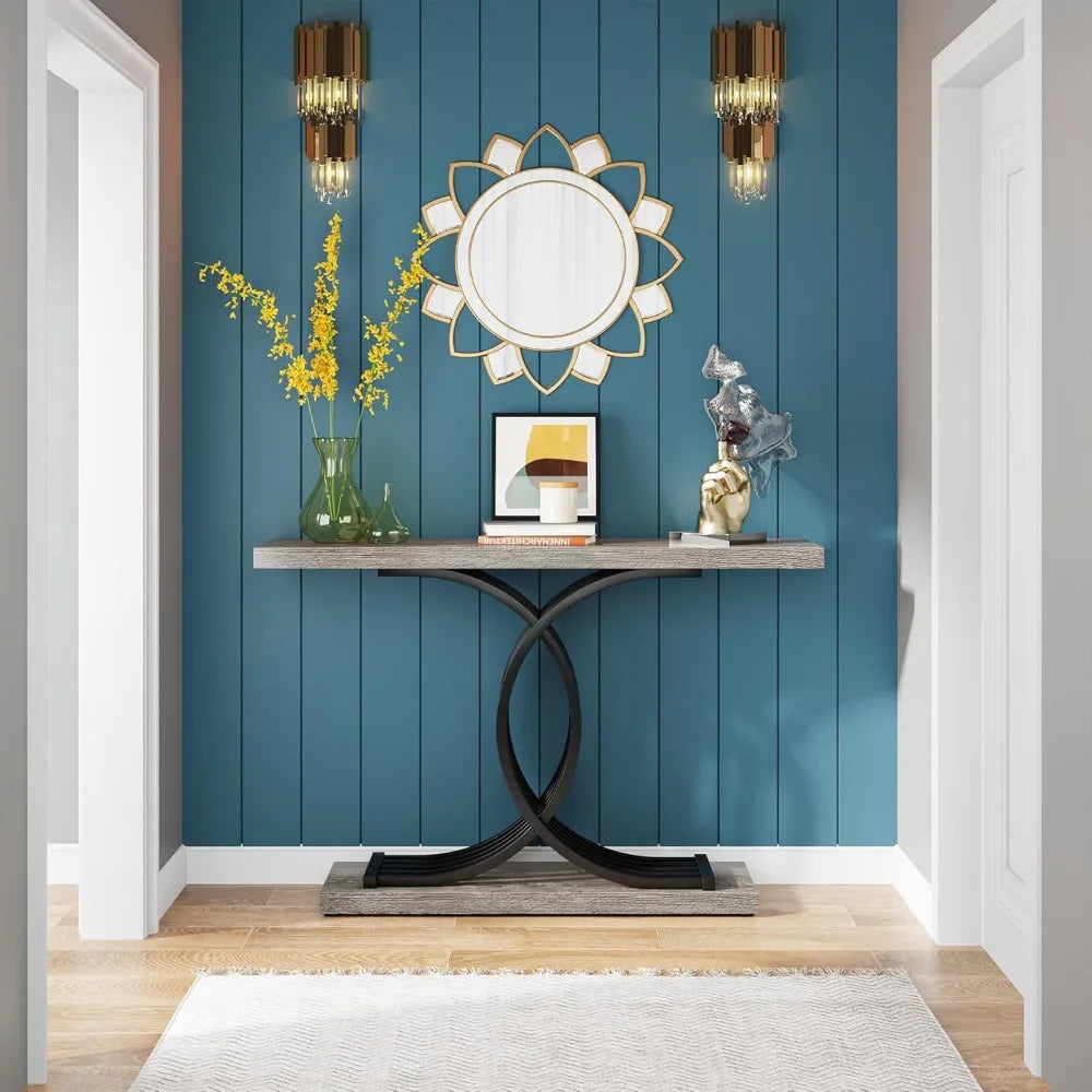 Industrial Entryway Table, 39-Inch Vintage Console Table
Accent Table with Geometric Metal Legs, Wood Sofa Table, Living Room