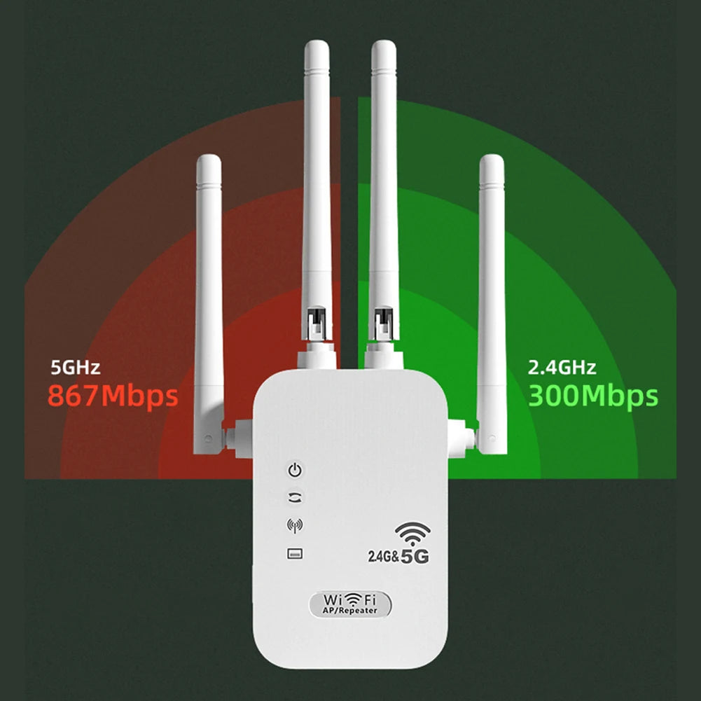 1200Mbps Wireless WiFi Repeater with WAN/LAN Port Dual-Band 2.4GHz/5GHz
WiFi Extender 4 Antennas Wi-Fi Signal Booster