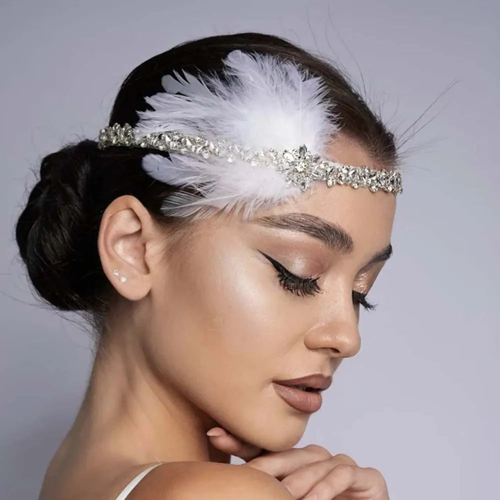 Feather Geometry Choker Necklace Sexy Rhinestone Flapper headpiece.
Great Gatsby White Headband Forehead Jewelry 1920s