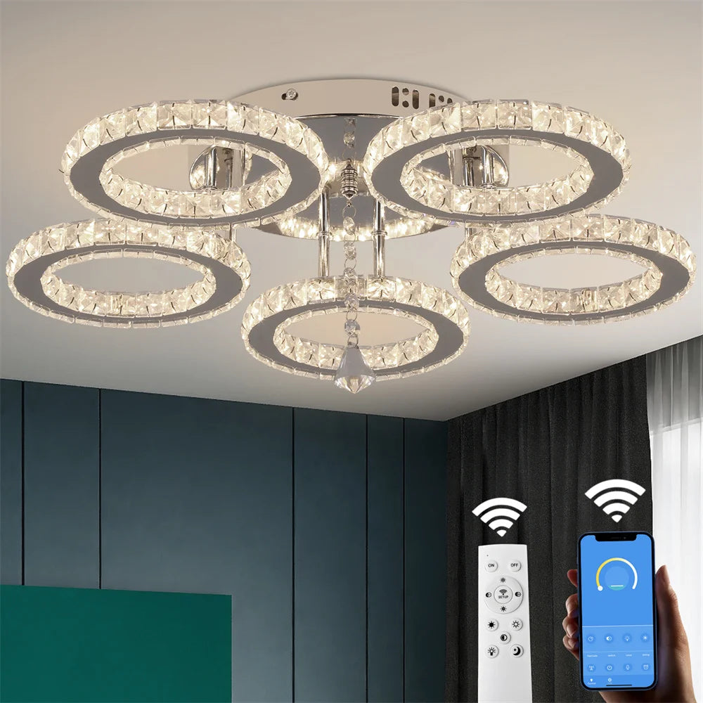 5 Fixture Flush Mount Rings, Dimmable, Crystal Chandalier