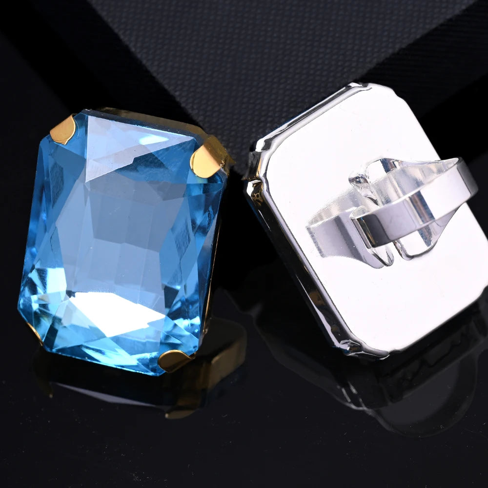 Large Square Ring Blue Square Ring Rhinestone Adjustable Ring