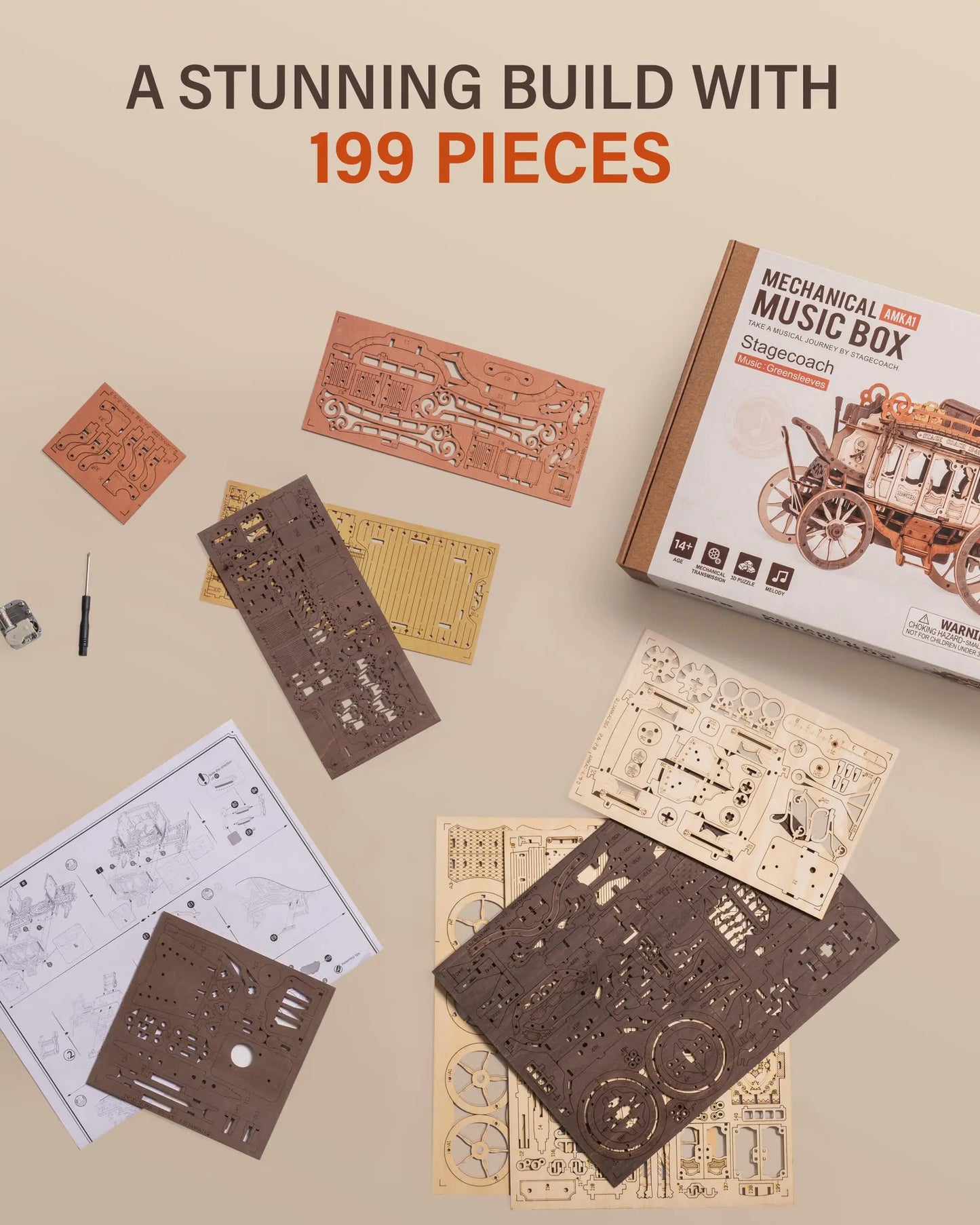 Wooden Music Box Puzzle 3D Puzzles Mechanical Building Construction Craft Birthday Anniversary Day Gift Kits Stagecoach