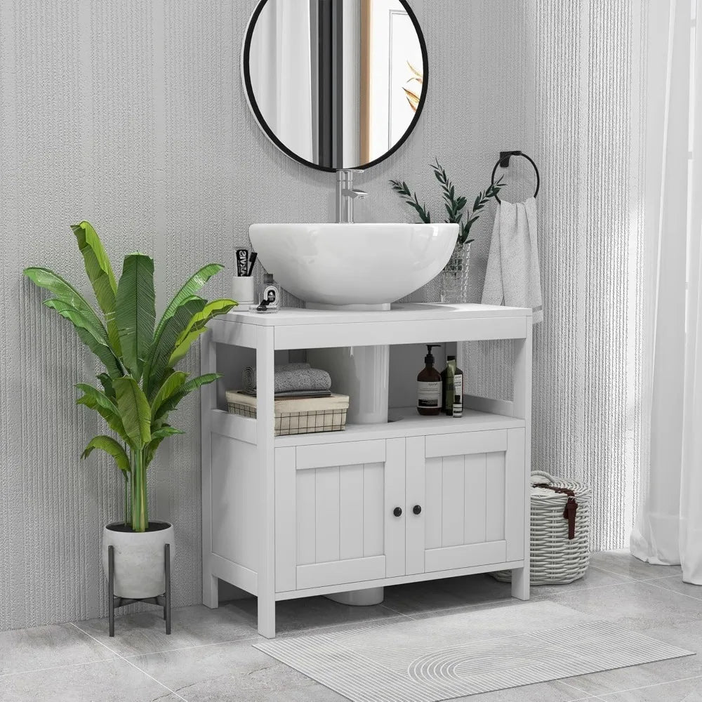 Pedestal Sink Storage Cabinet, Under Sink Cabinet with 2 Doors and Open Shelf