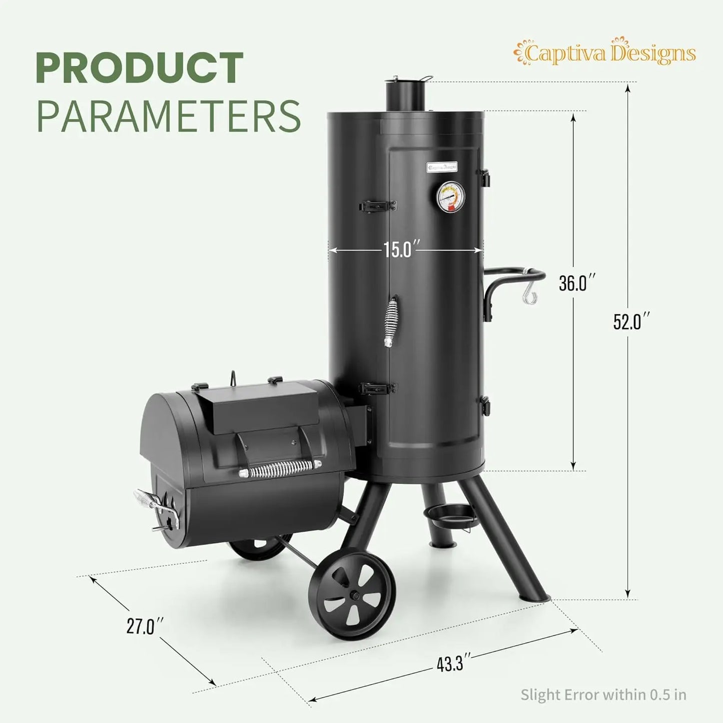 Charcoal Vertical Smoker Grill and Offset Smoker Grill Combo with 5 Removable Grates
