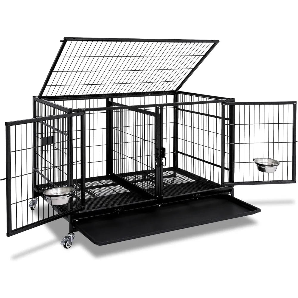 43 Inch Metal Open Top Stackable Heavy Duty Dog Cage Kennel
with Three Door, Metal Floor Grid, Divider and Feeding Bowl