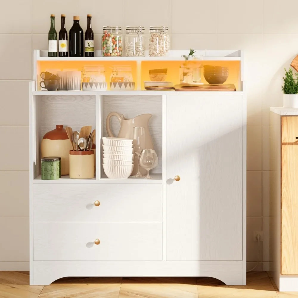 Kitchen Coffee Bar Cabinets with Storage, Liquor Cabinet with LED Lights
& Power Outlets, Adjustable Shelf, Drawers, Modern