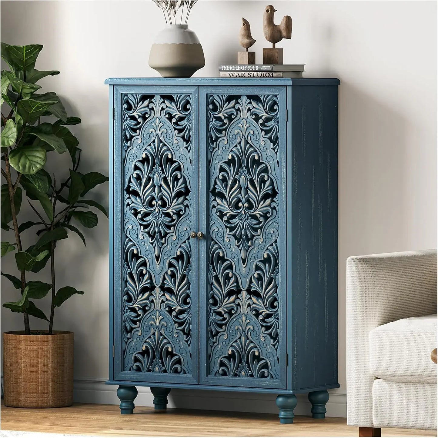 Accent Cabinet with 2 Doors,47" Tall Narrow Cabinet with Solid Wood Legs
,Decorative Cabinet with Shelves for Living Room