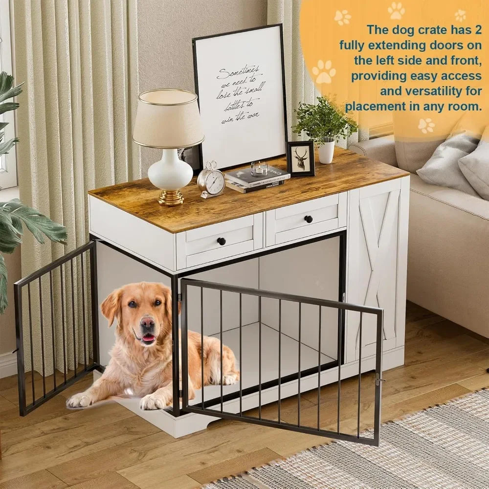 Dog Crate Furniture Kennel with Double Doors,
Wooden Pet House with 2 Drawers and Pet Feeder Station Storage Cabinet