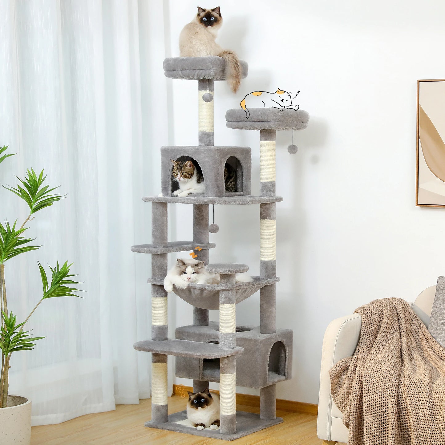 184cm Large Cat Tree and Tower for Indoor Cats With Sisal-Covered
Scratching Posts Spacious Hammock Padded Perches and Condos