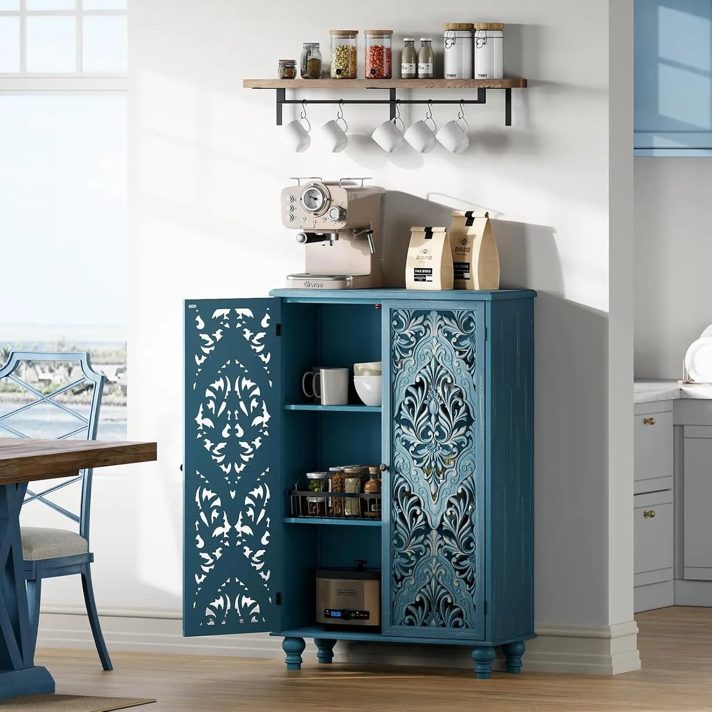 Accent Cabinet with 2 Doors,47" Tall Narrow Cabinet with Solid Wood Legs
,Decorative Cabinet with Shelves for Living Room