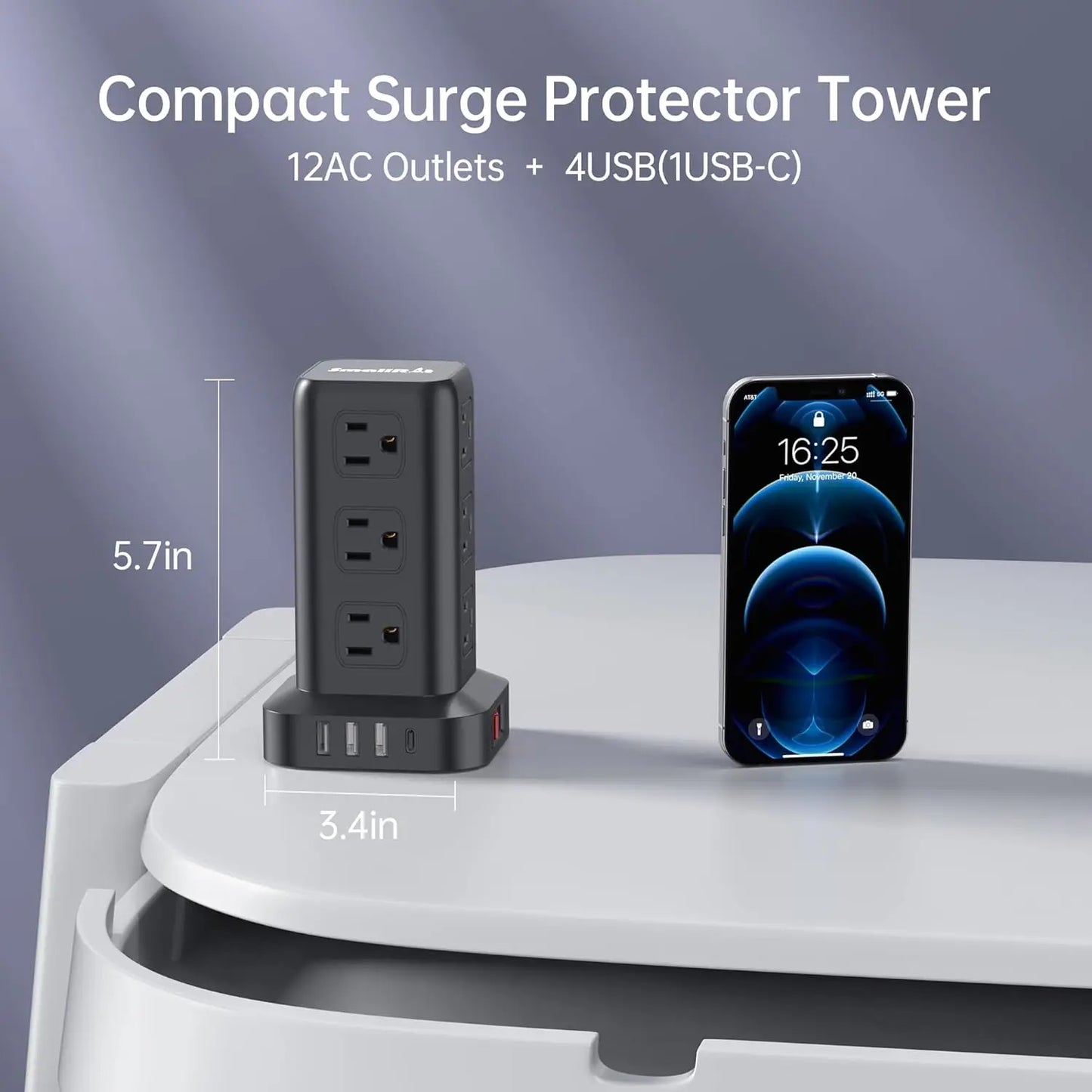 Surge Protector Power Strip Tower 10FT Extension Cord with Multiple Outlets
12 AC 4 USB (1 USB C)Mini Power Strip with USB Port