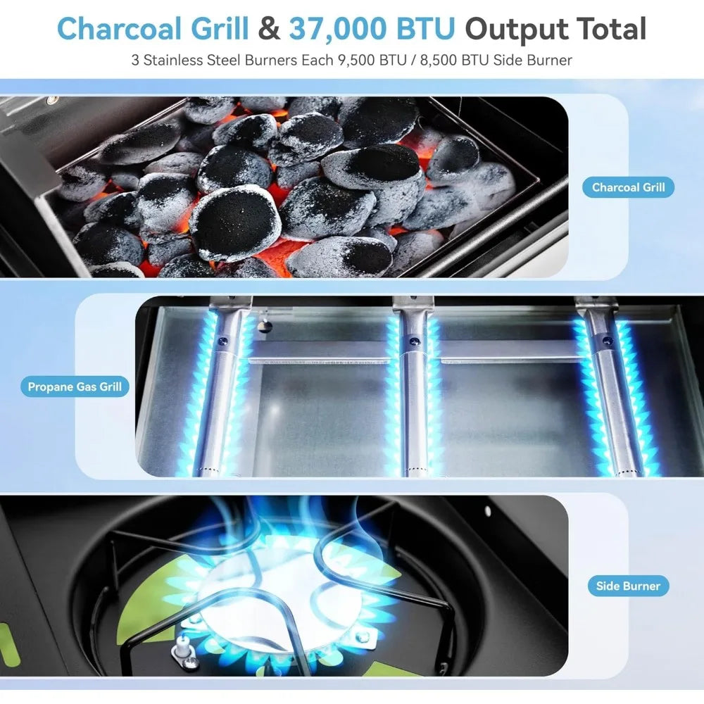 BBQ Grill 3 Burner Propane Gas and Charcoal Grill Combo with Side Burner