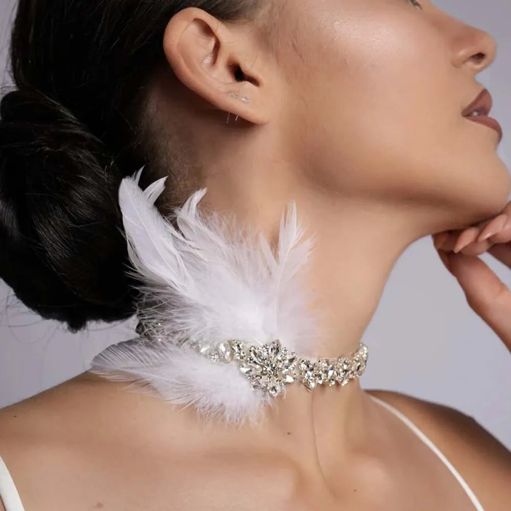 Feather Geometry Choker Necklace Sexy Rhinestone Flapper headpiece.
Great Gatsby White Headband Forehead Jewelry 1920s