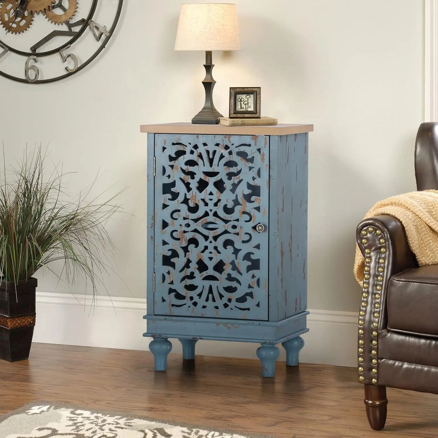 Accent Cabinet Small with Single Door, 31.5" Tall Side End Table,
Distressed Nightstand with Wooden Frame and Hollow Carved Door