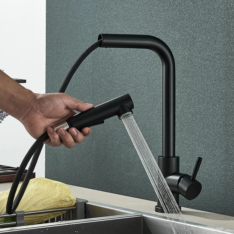 Black 360° Rotation Stream Sprayer Nozzle Stainless Steel Hot Cold Taps Kitchen Faucet Deck Mounted Mixer Tap