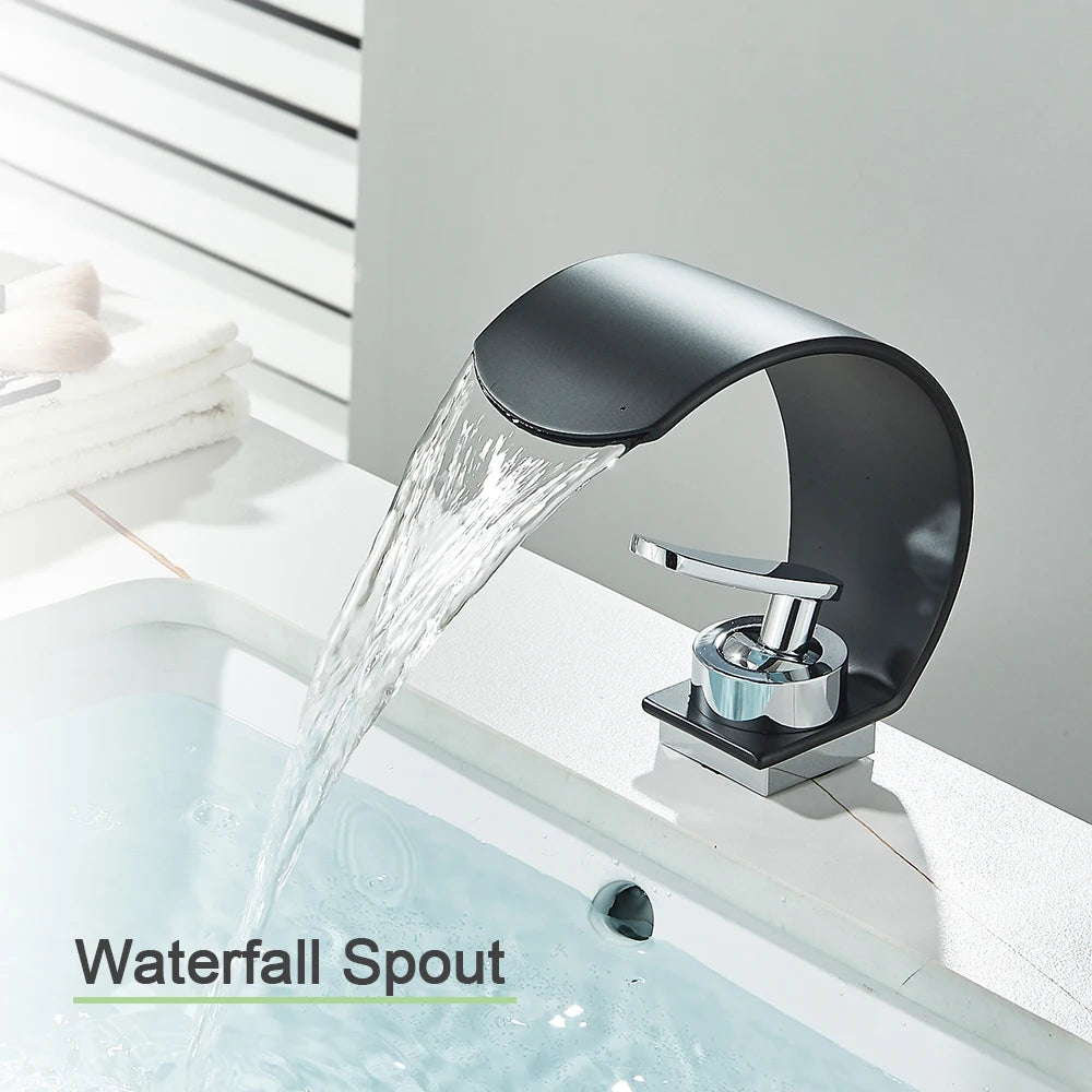 Curve Single Handle Black Bathroom Sink Faucet Hot Cold Mixer Water Tap Waterfall Vanity Vessel Sink Faucet