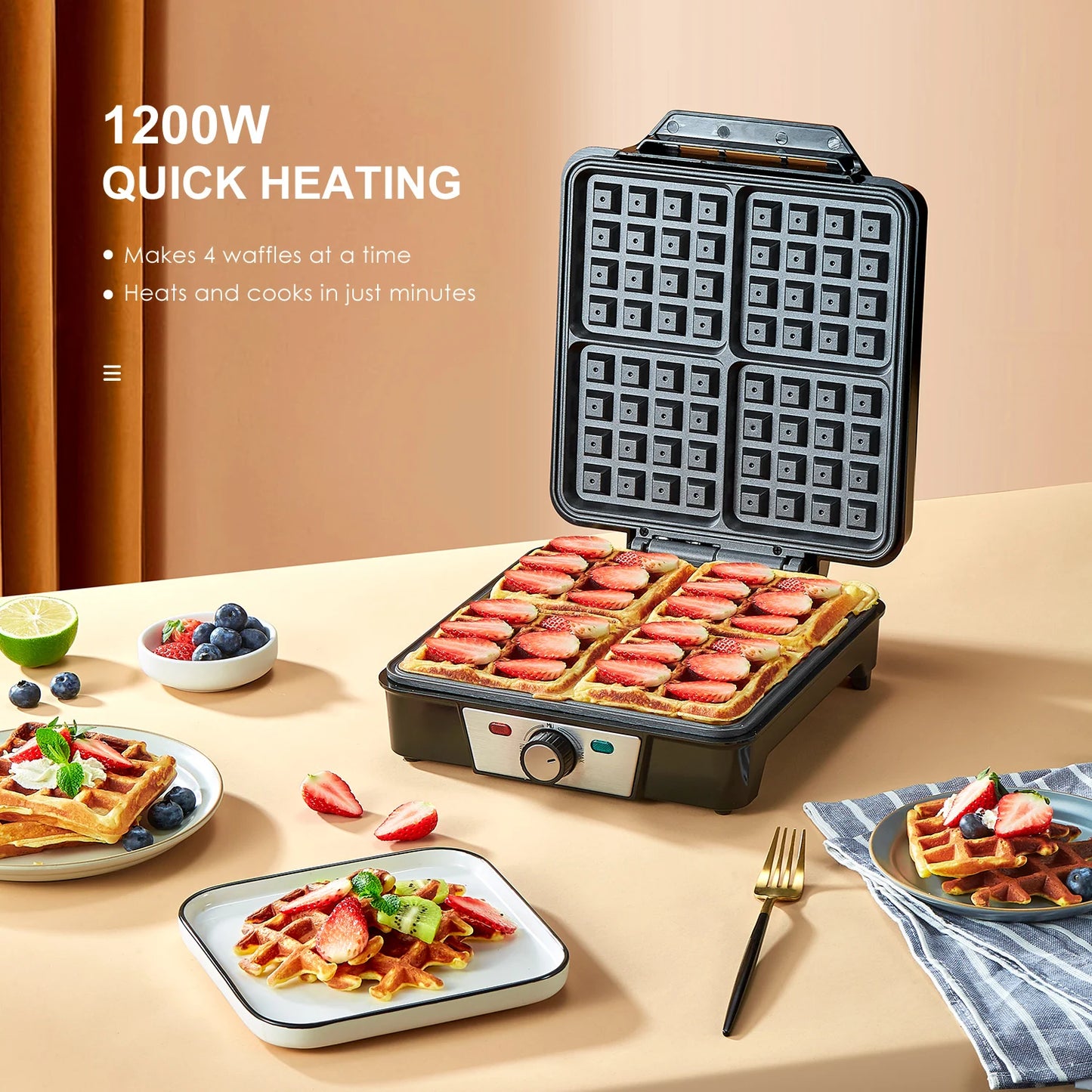 4-Slice Belgian Waffle Maker
3 Browning Levels with Nonstick Square Waffler Iron Plates, 1200 Watts, Compact Design