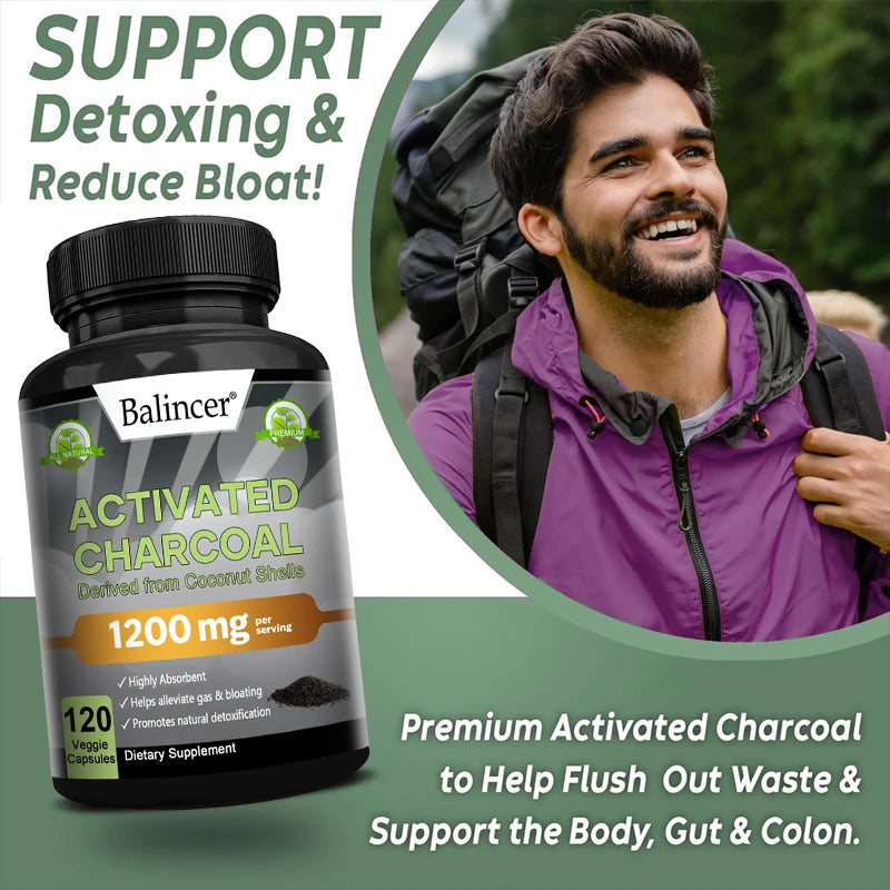 Activated Charcoal Capsules 1,200 Mg -
Organic Coconut Shell, Helps Relieve Gas & Bloating, Detox & Bowel, Digestive Supplement