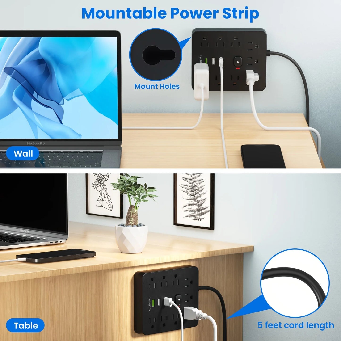 Power Outlet with Surge Protector, 9 sockets 3 USB Ports,
5ft Extension Cord, Quick Charge, For Home and Office,Black
