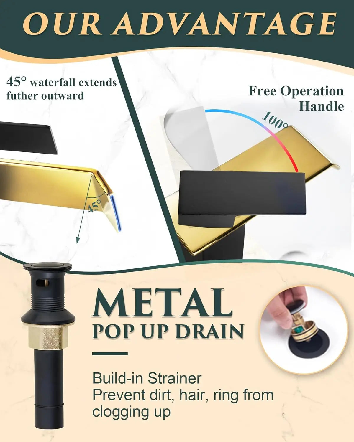 Wter Stainless Steel Bathroom Faucets 5-Minute Installation, Waterfall Single Hole