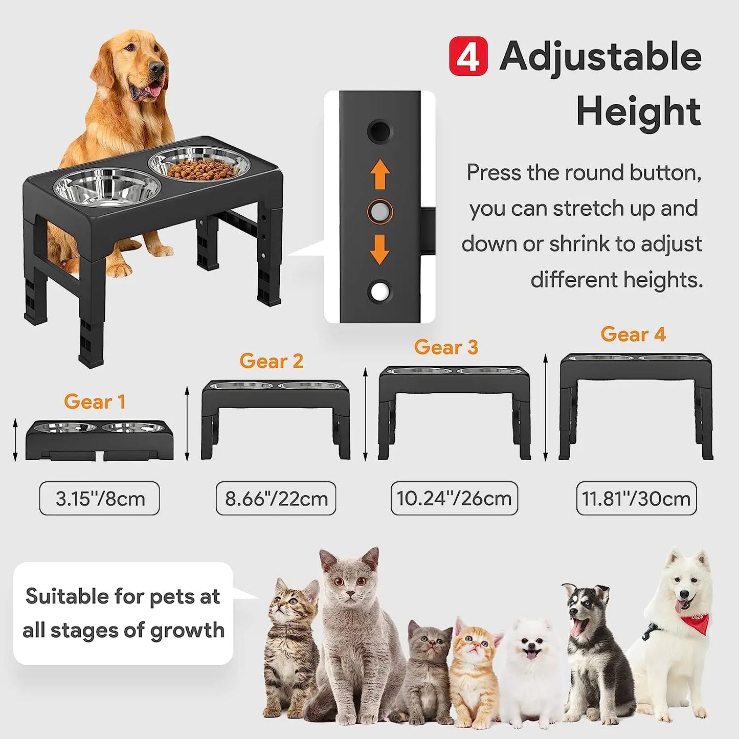 Multi Heights Folding Feeder, Raised Dog & Cat Bowls -
Adjustable Heights & Stainless Steel - Perfect for Small & Large Pets!