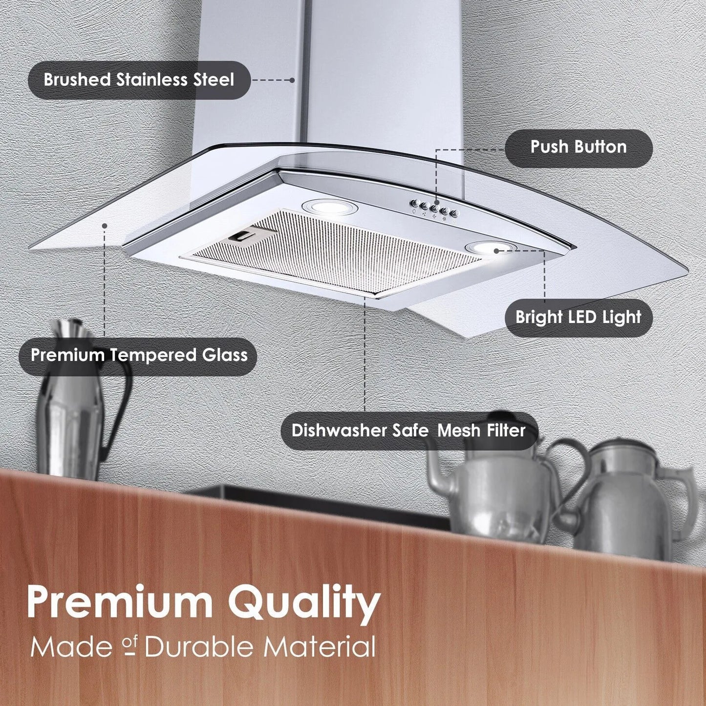 30 inch Kitchen Wall Mount Tempered Glass Vented 3-Speed Fan Range Hood