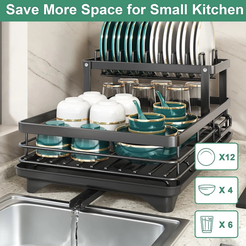 Dish Drying Rack for Kitchen Counter
Large Dish Rack with Drainboard, Adjustable Swivel Spout Rustproof Dish Drainer, Black