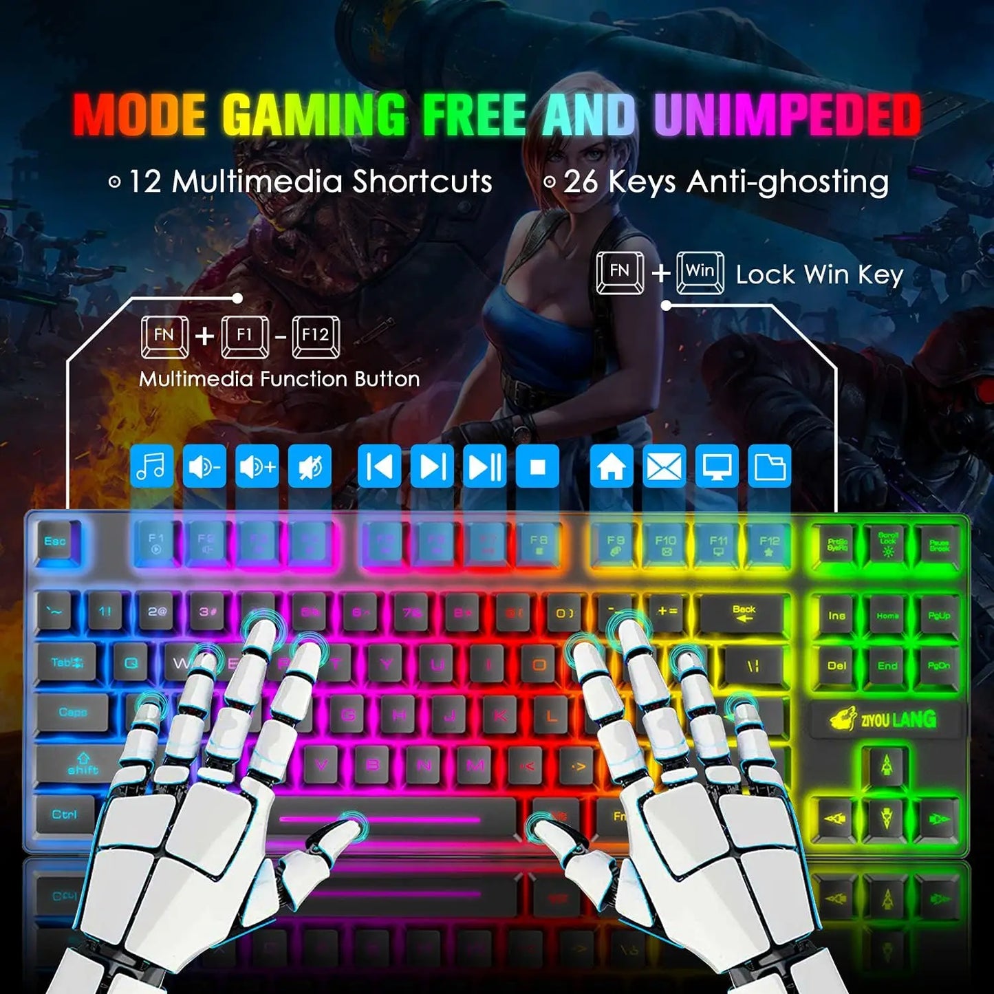 Wireless Gaming Keyboard and Mouse Comb
,Rainbow Backlit Rechargeable 3800mAh Battery,
87 Keys Mechanical Feel Keyboard