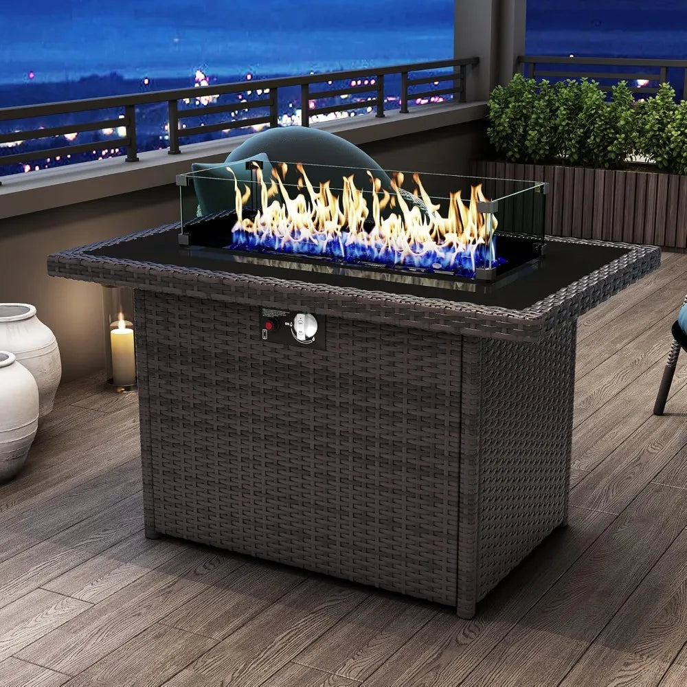 44 Inch Propane Gas Fire Pits Table Rectangular Outdoor Wicker Rattan Fire Pit