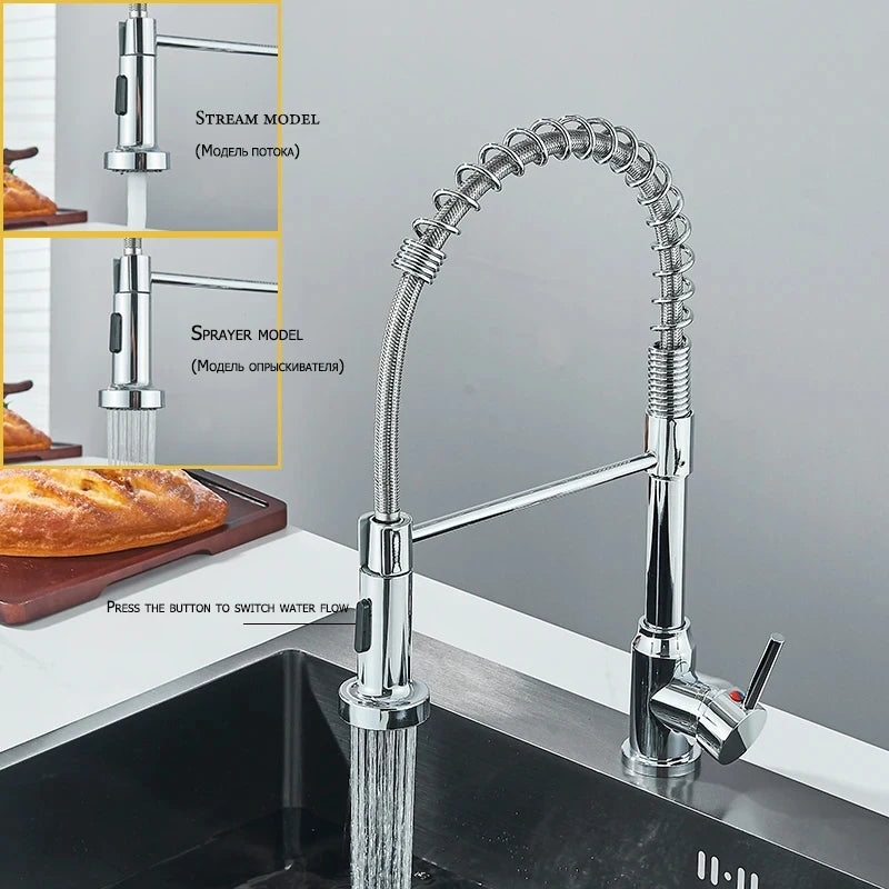 Chrome Spring Pull Down Kitchen Faucets
Stream Spray Head Hot Cold Water Tap Stainless Steel