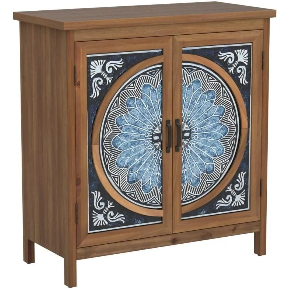 2-Door Accent Cabinet, Distressed Storage Cabinet with Blue and White Porcelain Pattern