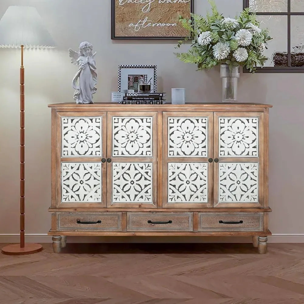 Accent Cabinet with 4 Doors & 3 Drawers,
Hollow Carved Storage Sideboard, Wood Buffet Cabinet for Living Room, Dining Room