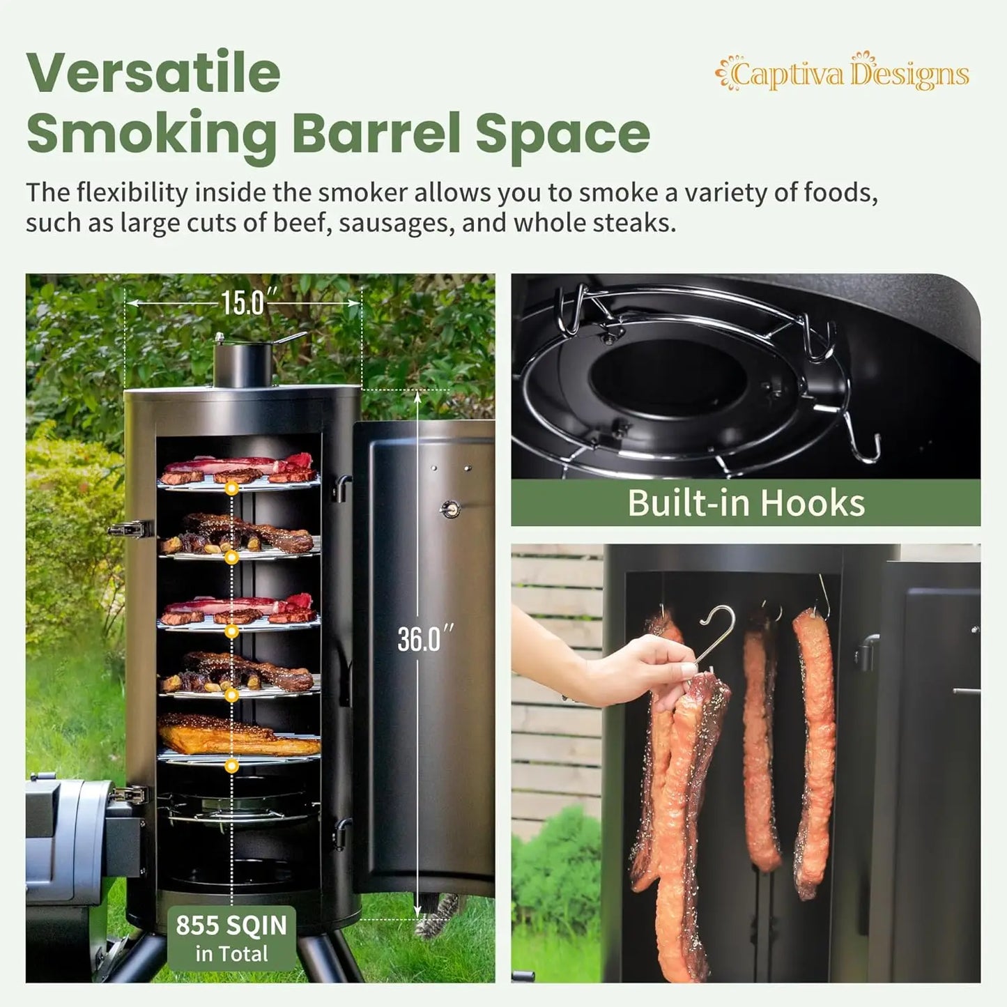 Charcoal Vertical Smoker Grill and Offset Smoker Grill Combo with 5 Removable Grates