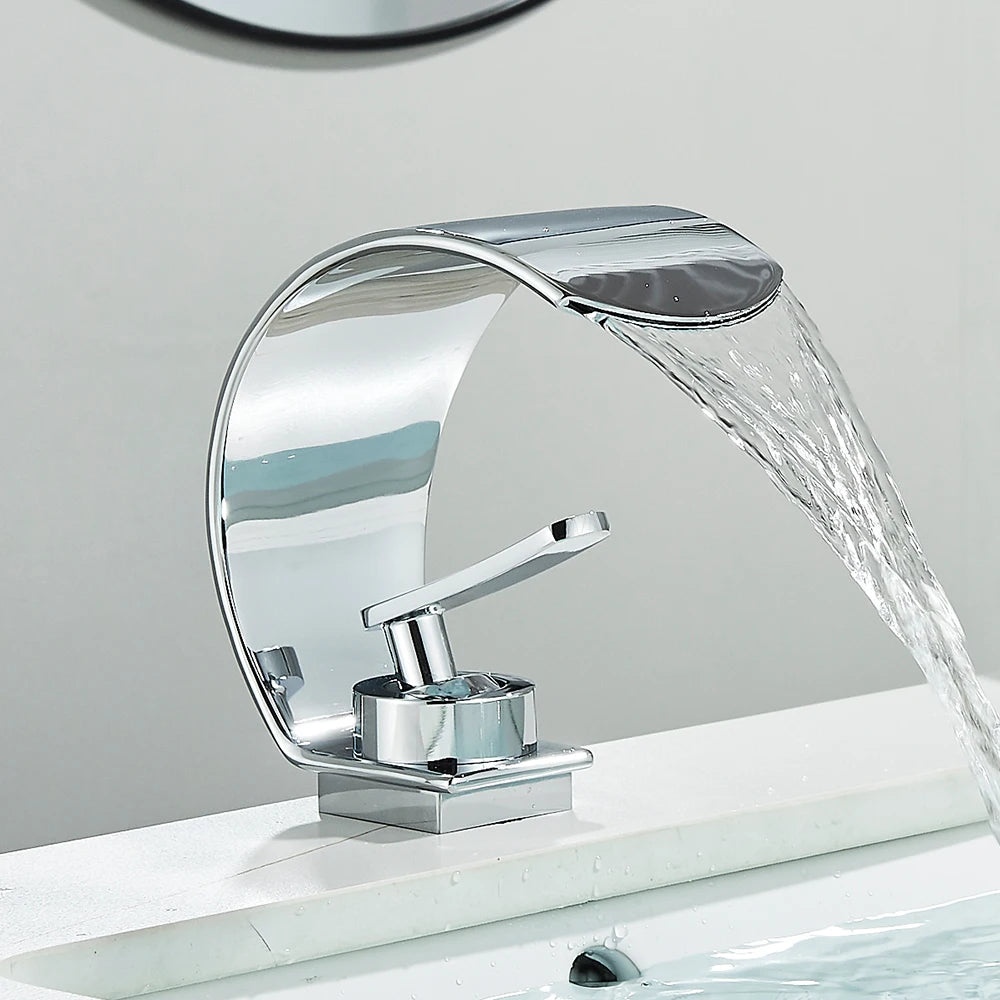 Curve Single Handle Black Bathroom Sink Faucet Hot Cold Mixer Water Tap Waterfall Vanity Vessel Sink Faucet